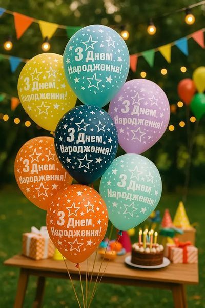 Кулька латексна Art Show 12' "З Днем Народження" Зірки, серпантин, ковпак (5 ст.) асорті 50 шт. 11560 фото