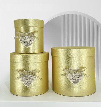 Коробка подарункова картон ТУБУС блискуча, СЕРЦЕ золото (набор 3 шт.) M середня 32 17012 фото