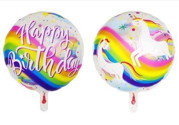 Фольгированный Шар Китай Круг 18` "Happy Birthday" Единорог на радуге(полупрозрачный) 11482 фото