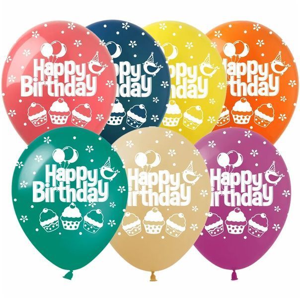 Повітряна кулька Арт-Show 12' Happy Birthday кексики (5 ст.) нов. ( 50 шт) 13097 фото