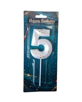 Свеча-цифра в торт "Белая" 3D - 5 (золотая точка) 6,5 см 17265 фото