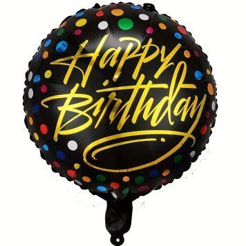 Фольгированный Круг Китай &laquo;Happy Birthday. Золотые буквы, цветной горох на черном&raquo; 18' 10272 фото