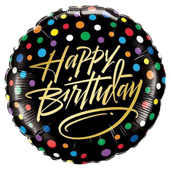 Фольгированный Круг Китай &laquo;Happy Birthday. Золотые буквы, цветной горох на черном&raquo; 18' 10272 фото