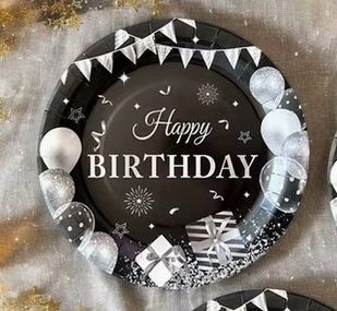 Тарелка Китай Черная Happy birthday серебряные шарики 10 шт. 16427 фото