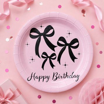 Тарілка велика Китай Happy birthday чорні бантики на рожевому 10 шт. 23 см 17071 фото