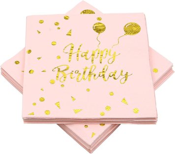 Серветки Золото Happy birthday кульки, рожеві 20 шт. 14973 фото