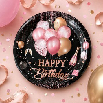 Тарілка велика Китай &laquo;Happy Birthday&raquo; рожеве золото на чорному, кульки 10 шт. 23 см 17075 фото