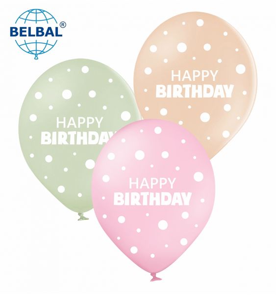 Латексные шары Belbal "Happy Birthday" горошек, макарун 30 см 12" (25 шт.) 14928 фото