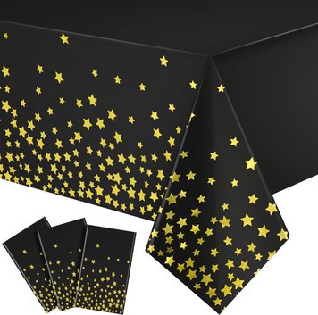 Скатертина одноразова з золотими зірками, чорна розмір 137*183 см 15061 фото