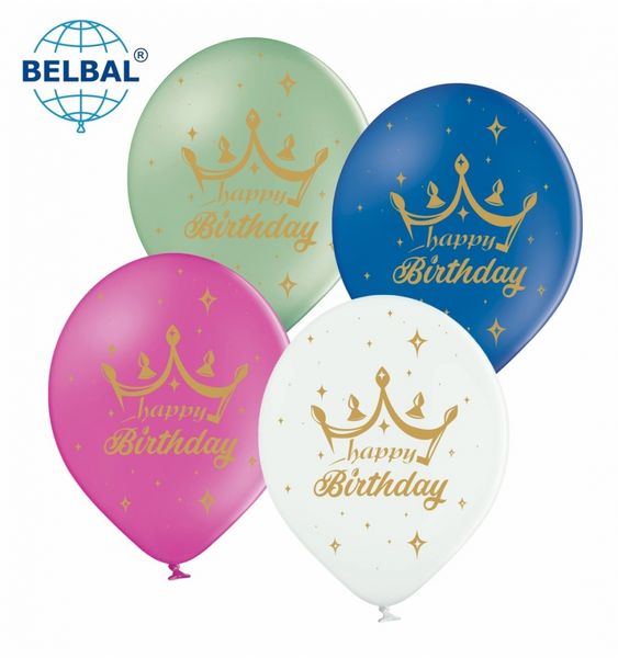 Латексный шар Belbal "Happy Birthday корона" пастель микс 25шт. 12" 5ст 12991 фото