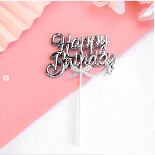 Топпер для торта Happy Birthday серебро каллиграфия 16535 фото
