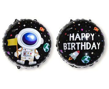 Фольгированный Шар Китай Круг 18` "Космонавт Happy Birthday" - черный 04414 фото