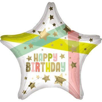 Фольгированный Шар Звезда Китай "Звезда Happy Birthday белая цветные буквы " 11794 фото