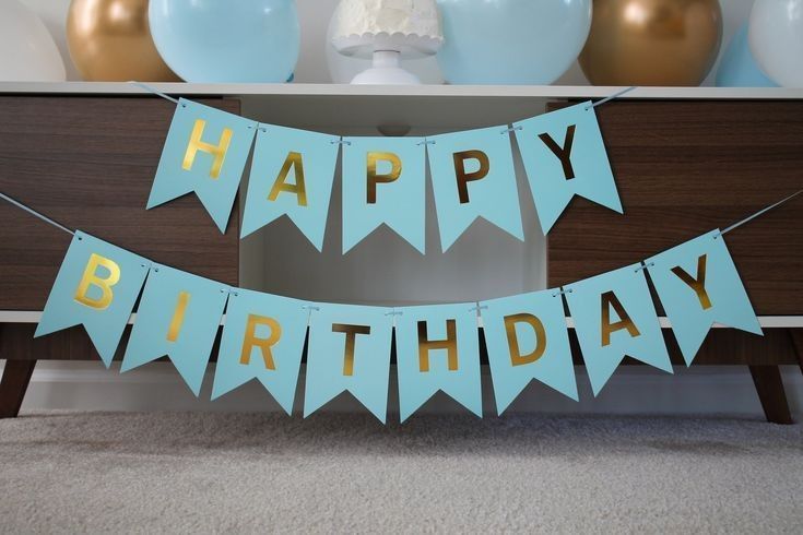 Вывеска флажки Happy Birthday золотая надпись голубая 2,5 метра 16*20 см АКЦІЯ 01787 фото