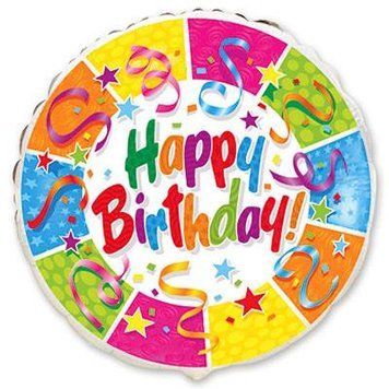 Фольгированный Шар Круг Flexmetal "Happy Birthday серпантин и звездочки" 18` 03144 фото