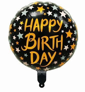 Фольгированный шар Круг Китай Happy birthday золотий напис на чорному, зірки 18" 13576 фото
