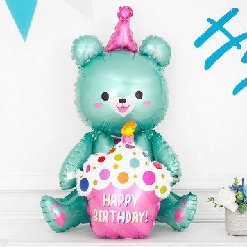 Фольгована кулька (фігура) Китай Ведмедик з кексом блакитний, happy birthday 13586 фото