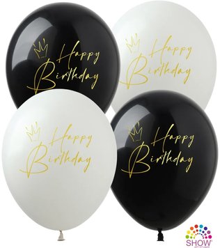Латексна кулька Art Show Happy Birthday "Корони" білий, чорний 12' (1 ст. золота фарба) 14601 фото