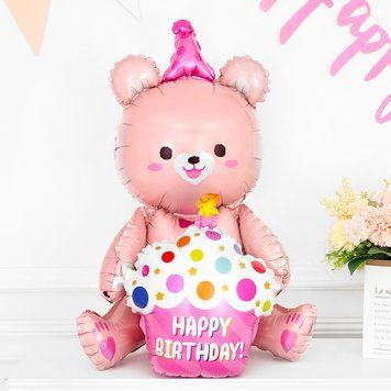 Фольгована кулька (фігура) Китай Ведмедик з кексом рожевий, happy birthday 13588 фото