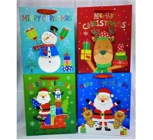Пакет подарочный средний "MERRY CHRISTMAS" снеговик,олень,дедушка мороз с подарками