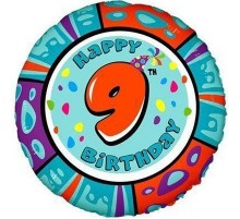 Фольгированный Шар Круг Цифра Flexmetal "Happy Birthday 9"  18`