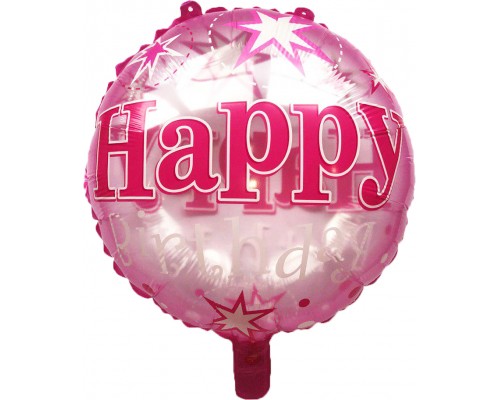 Фольгированный Шар Круг Китай "Happy Birthday звездочки розовый" полу-прозрачный 18`