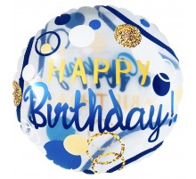 Фольгированный Круг Китай «Happy Birthday. Золотые круги, синие кольца» 18' (полупрозрачный)