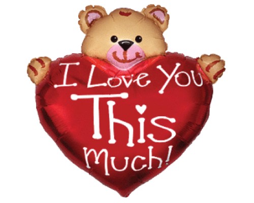 Фольгированный шар-сердце Flexmetal "Медвеженок с шариком в лапках-I love you this much" 