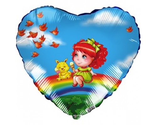 Фольгированный Шар-Сердце Agura "Девочка с зайчиком на радуге" белые,красные и синие сердца  19`
