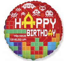 Фольгированный Шар Круг Flexmetal "Happy Birthday. Level UP" 18`