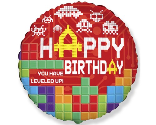 Фольгированный Шар Круг Flexmetal "Happy Birthday. Level UP" 18`