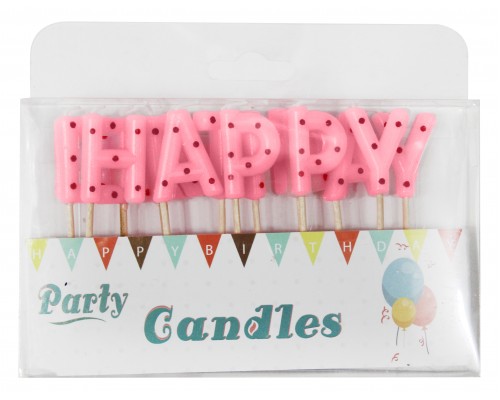 Свечи-буквы в торт "Happy Birthday" розовые в горошек ☆ АКЦІЯ