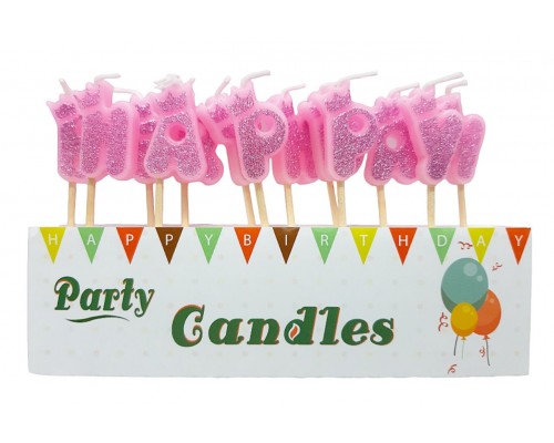 Свечи в торт H227-4 буквы «Happy Birthday» розовые с блестками ☆ АКЦІЯ