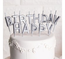 Свечи-буквы в торт "Happy Birthday" серебро перламутр ☆