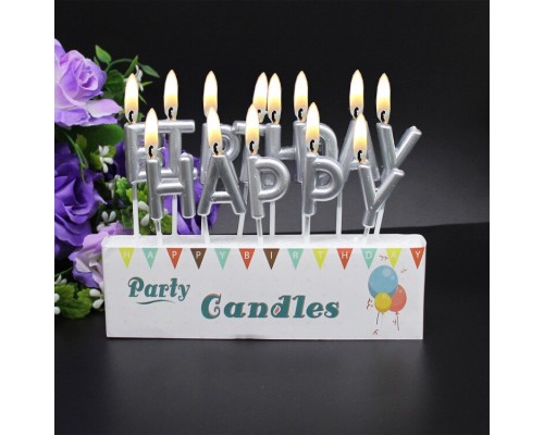 Свечи-буквы в торт "Happy Birthday" серебро перламутр