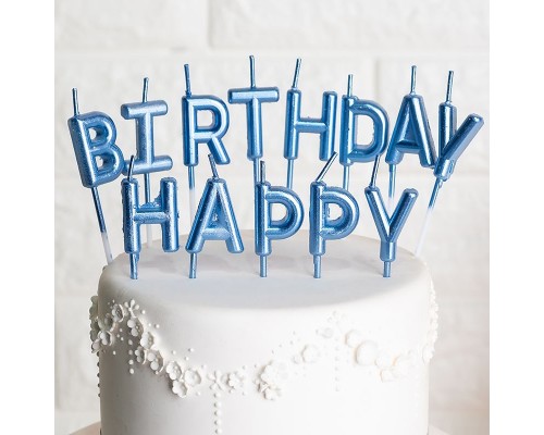 Свечи-буквы в торт "Happy Birthday" синие (перламутр) ☆ АКЦІЯ