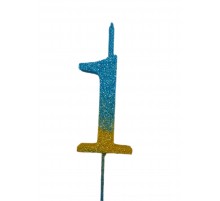  Свічка цифра Велика, шпажка, блискавки жовто блакитні 1 (13,5 см.)
