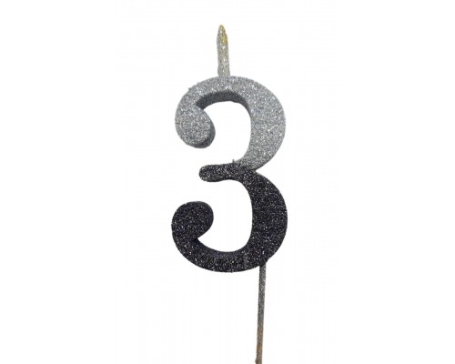  Свічка цифра Велика, шпажка, блискавки срібло-графіт 3 (13,5 см.)