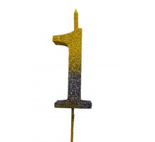  Свічка цифра Велика, шпажка, блискавки золото-графіт 1 (13,5 см.)