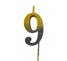  Свічка цифра Велика, шпажка, блискавки золото-графіт 9 (13,5 см.)