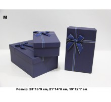 Коробка подарункова картон Матова синя, бант з золотим контуром (набор 3 шт.) M середня