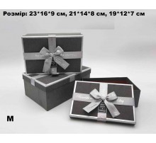 Коробка подарункова картон Графіт блиск з сірим бантом (набор 3 шт.) M середня