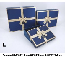Коробка подарункова картон Синя блиск з золотим бантом (набор 3 шт.) L велика