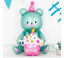 Фольгована кулька (фігура) Китай Ведмедик з кексом блакитний, happy birthday