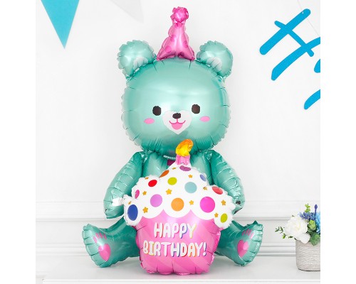 Фольгована кулька (фігура) Китай Ведмедик з кексом блакитний, happy birthday