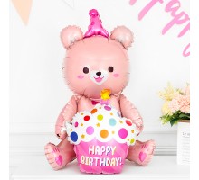 Фольгована кулька (фігура) Китай Ведмедик з кексом рожевий, happy birthday