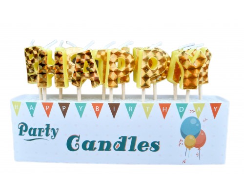 Свічки-літери для торта "Happy birthday" ЗОЛОТА ГОЛОГРАМА