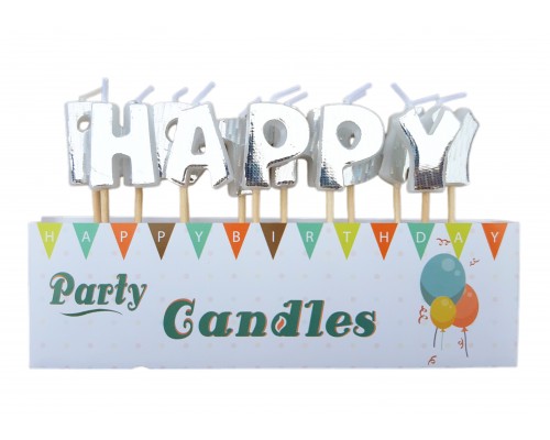 Свічки-літери для торта "Happy birthday" СРІБНА ГОЛОГРАМА