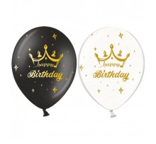 Латексный Шар Sharoff BelBal "Happy Birthday корона", 5 ст. печать" черный/белый (25 шт)