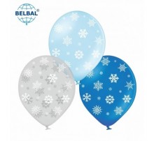 Латексный Шар BelBal "Снежинки" белые (металлик - кристалл, синий, голубой) 12` (25шт)